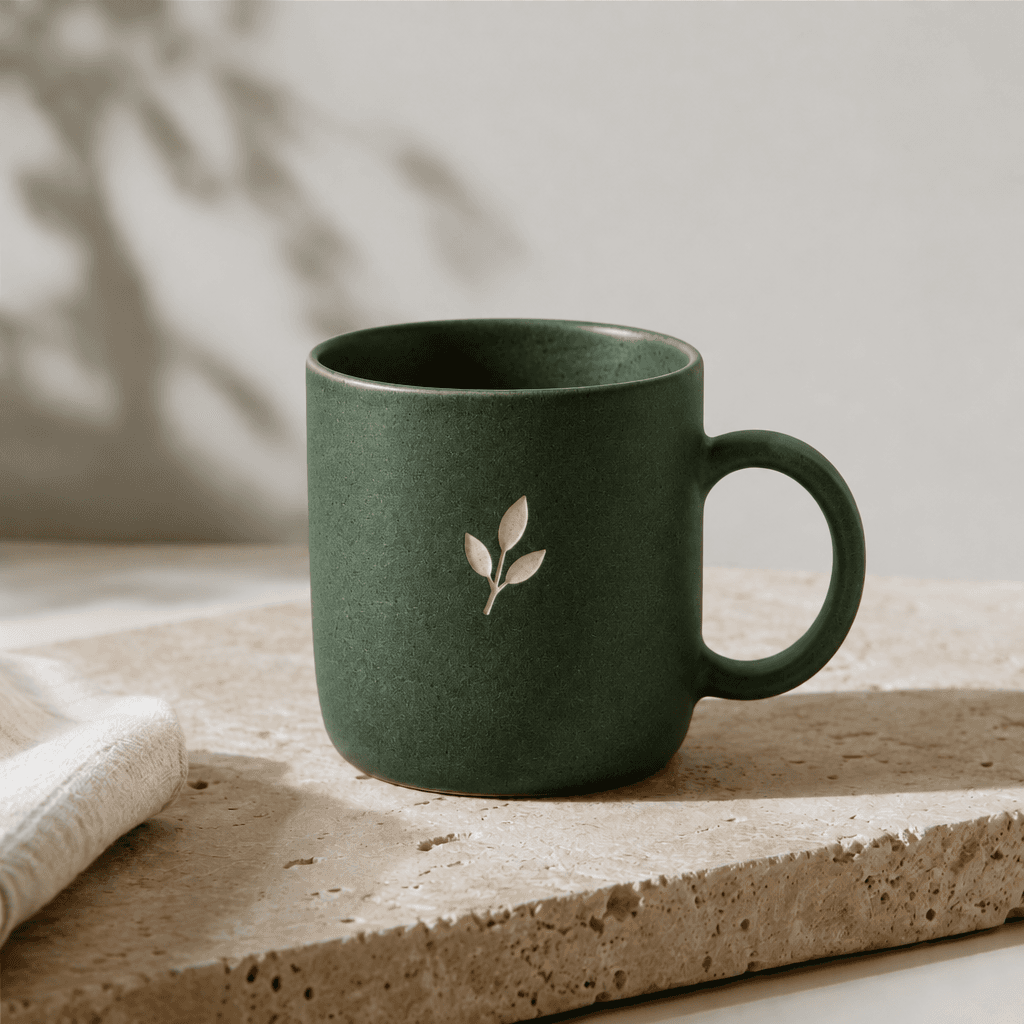 The same mug edited to forest green with a cream leaf emblem using Sunburst